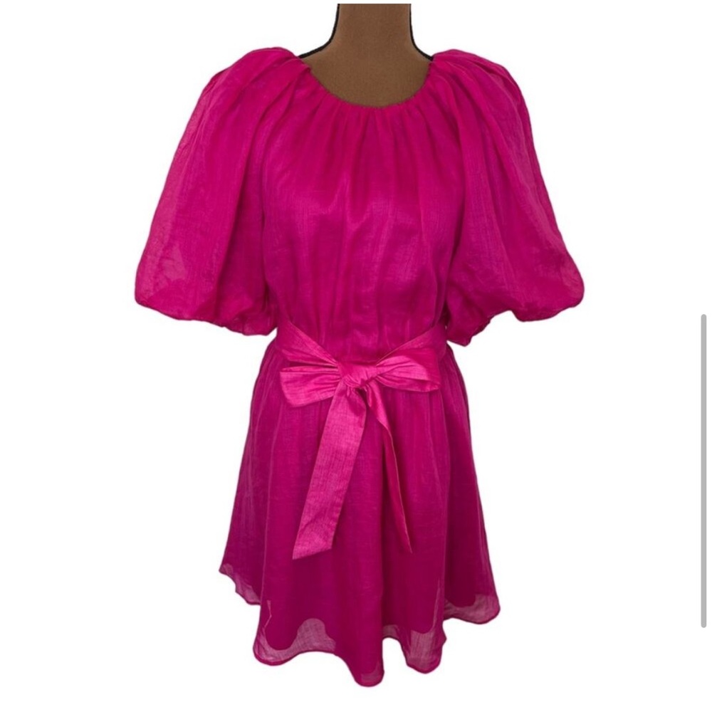 Banana Republic Pink Puff Sleeve Open Back Mini Dress Ramie Size M NWT - Picture 13 of 15